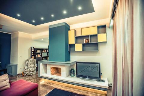 interior design, living room, lightning, fireplace, blue