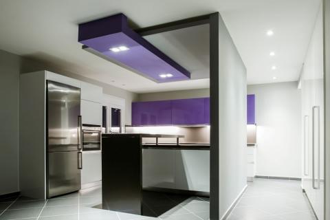 kitchen, rennovation, purple, colour, kitchen gallery, interior design, lighting, led, stripes